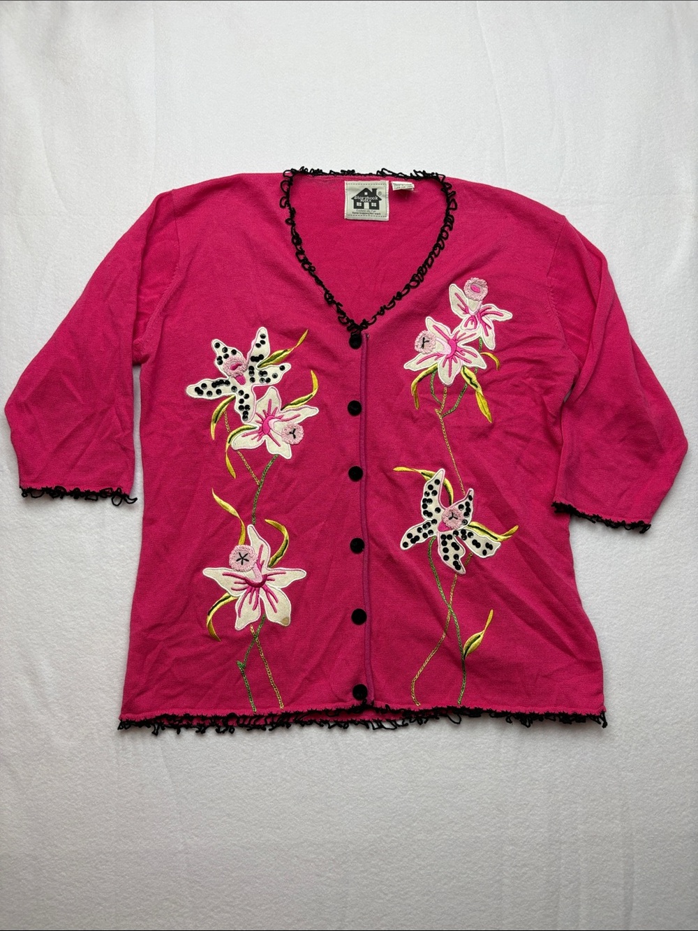 Storybook Knits size medium leopard orchid pink sweater Floral Embroidered Top
